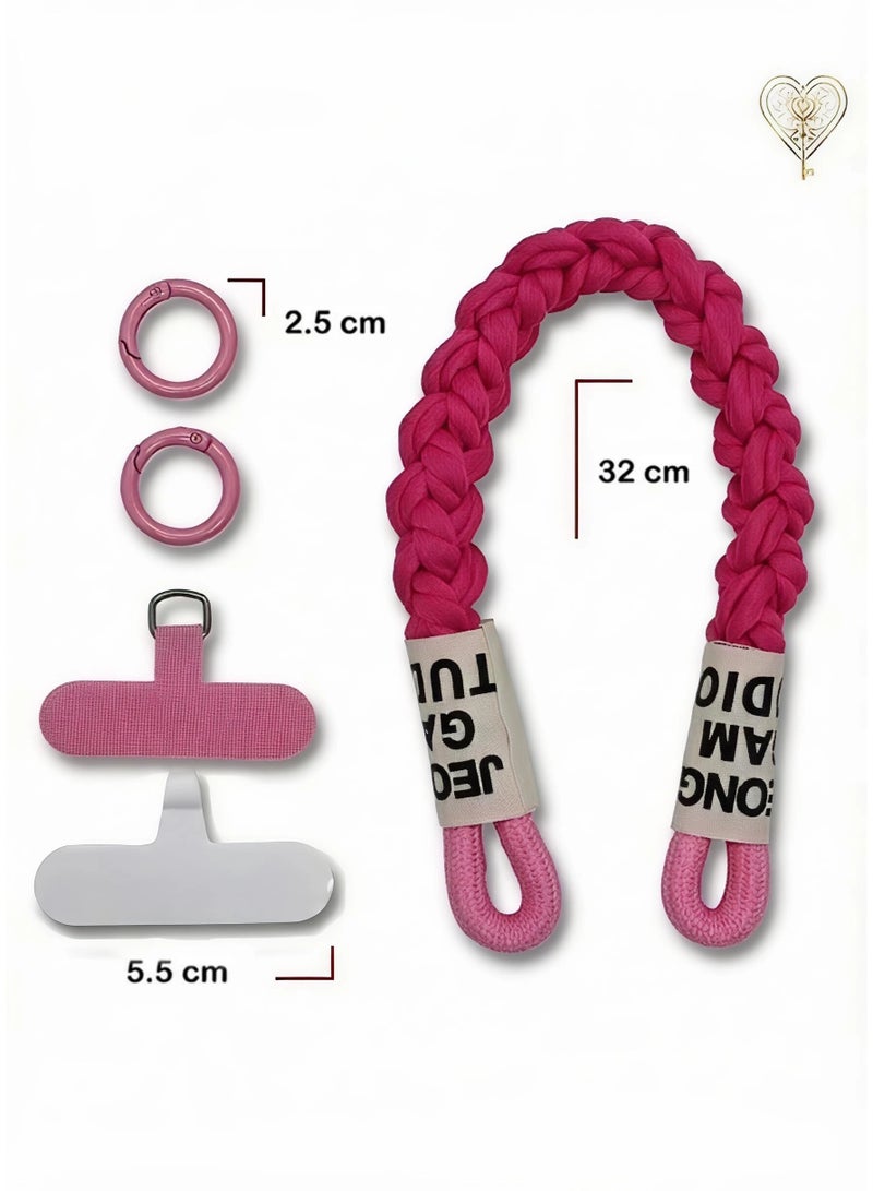 كيامور حبل معصم مضفر زهري غامق  للهاتف مزوّد بملصقات قماشية ومشابك من سبائك معدنية سوداء غير لامعة – سوار يد أنيق ومتين مصنوع من باراكورد قوي، يشمل لسان تثبيت من السيليكون القوي أو الجلد لتوصيل حامل البطاقة بأمان، مثالي للاستخدام اليومي، السفر، المناسبات، ومنع سقوط الهاتف - Image 3