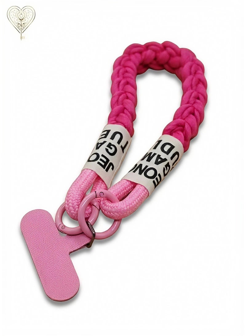 كيامور حبل معصم مضفر زهري غامق  للهاتف مزوّد بملصقات قماشية ومشابك من سبائك معدنية سوداء غير لامعة – سوار يد أنيق ومتين مصنوع من باراكورد قوي، يشمل لسان تثبيت من السيليكون القوي أو الجلد لتوصيل حامل البطاقة بأمان، مثالي للاستخدام اليومي، السفر، المناسبات، ومنع سقوط الهاتف - Image 4