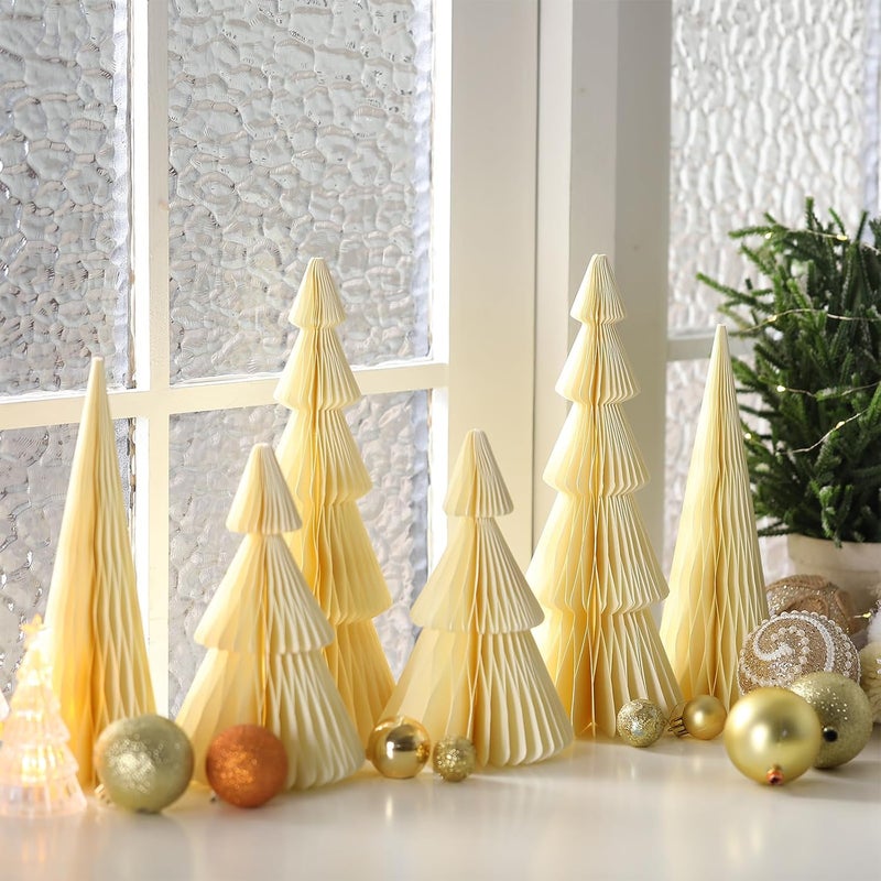 Watersay 6 Pcs Yellow Christmas Tree Honeycomb Centerpiece Minimalist 3D Paper Trees Centerpiece Modern Christmas Decor Rustic Reusable Table Decoration for Home Decor Xmas Gift - Image 5