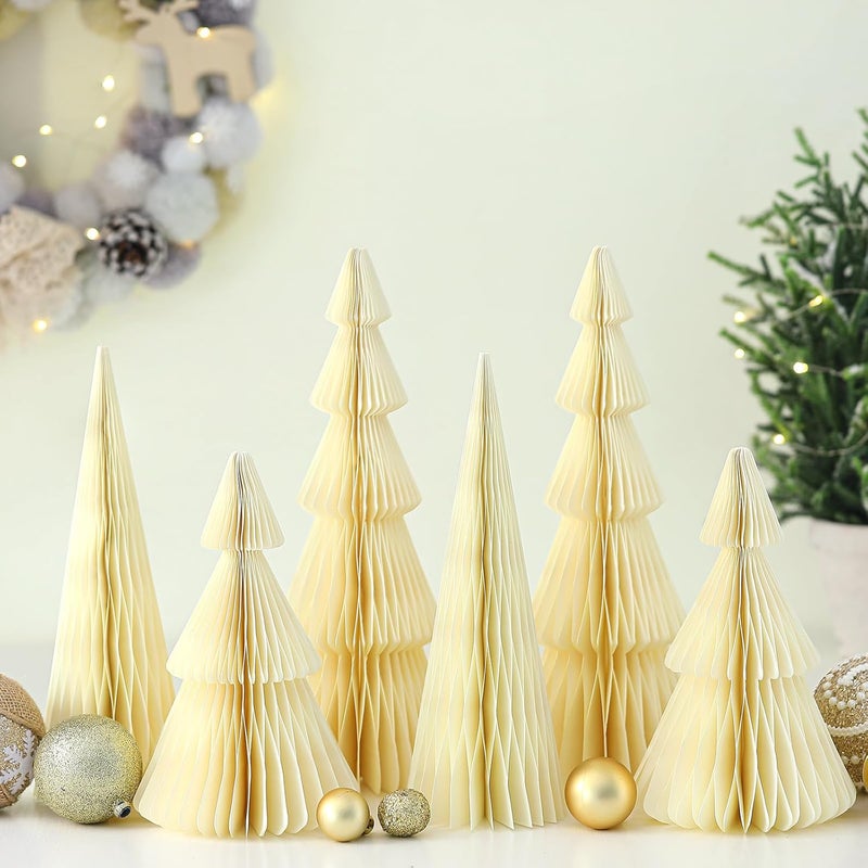Watersay 6 Pcs Yellow Christmas Tree Honeycomb Centerpiece Minimalist 3D Paper Trees Centerpiece Modern Christmas Decor Rustic Reusable Table Decoration for Home Decor Xmas Gift - Image 2