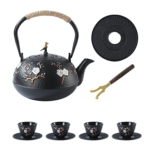 SECHUDO Tea Set Tea Kettle Japanese Style Beautiful Black Cast Iron Teapot Set with 4 Cups,4 Cup Mats,1 Trivet and 1 Lid Holder,40.6oz Teapot with Infuser for Stove Top Safe - Image 1