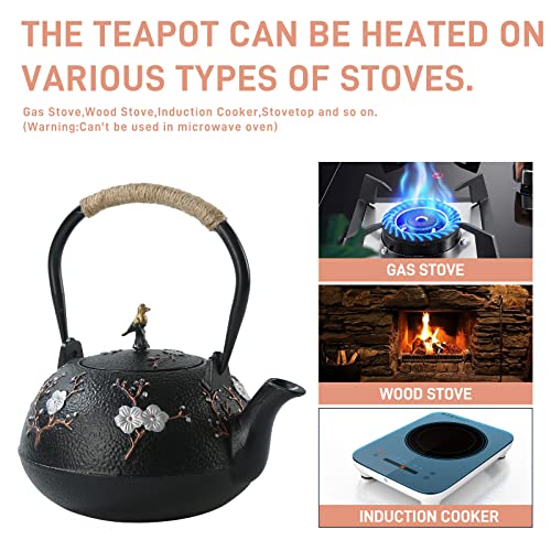 SECHUDO Tea Set Tea Kettle Japanese Style Beautiful Black Cast Iron Teapot Set with 4 Cups,4 Cup Mats,1 Trivet and 1 Lid Holder,40.6oz Teapot with Infuser for Stove Top Safe - Image 2