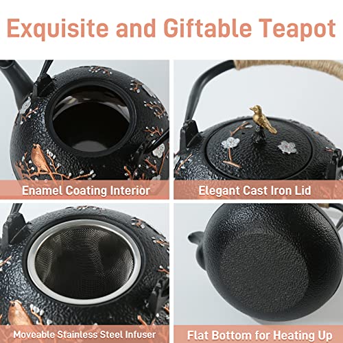 SECHUDO Tea Set Tea Kettle Japanese Style Beautiful Black Cast Iron Teapot Set with 4 Cups,4 Cup Mats,1 Trivet and 1 Lid Holder,40.6oz Teapot with Infuser for Stove Top Safe - Image 5
