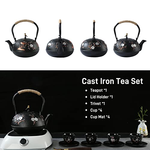 SECHUDO Tea Set Tea Kettle Japanese Style Beautiful Black Cast Iron Teapot Set with 4 Cups,4 Cup Mats,1 Trivet and 1 Lid Holder,40.6oz Teapot with Infuser for Stove Top Safe - Image 4