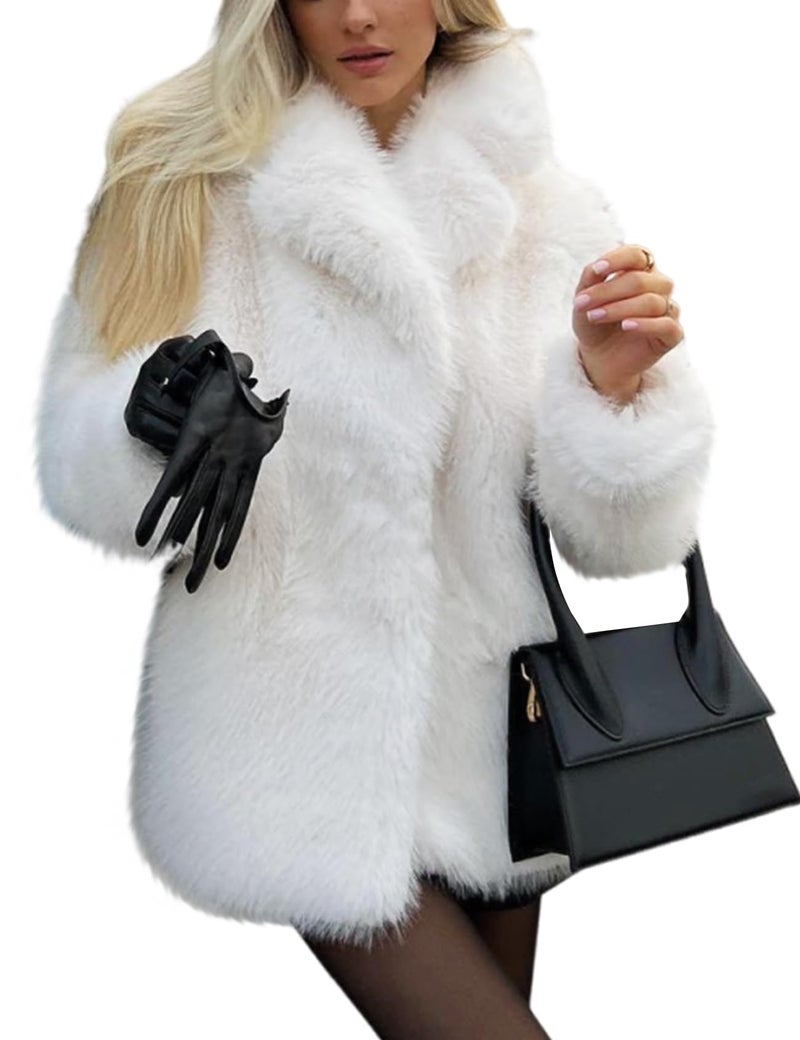 Arssm Women's Faux Fur Coat Long Sleeve Fluffy Jacket Open Front Furry Winter Warm Lapel Shaggy Coat Outwear(White-L) - Image 1