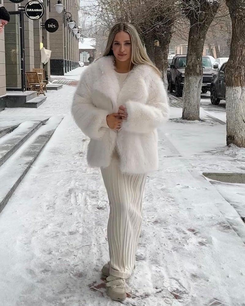 Arssm Women's Faux Fur Coat Long Sleeve Fluffy Jacket Open Front Furry Winter Warm Lapel Shaggy Coat Outwear(White-L) - Image 3