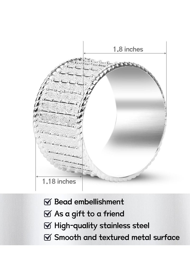 Excefore Napkin Ring Set of 6 Silver Stainless Steel Bead Side Metal Napkin Holder Ring Simple Creative Napkin Buckle European Metal Napkin Ring for Dining Anniversary Birthday Party of Table Setting - Image 5