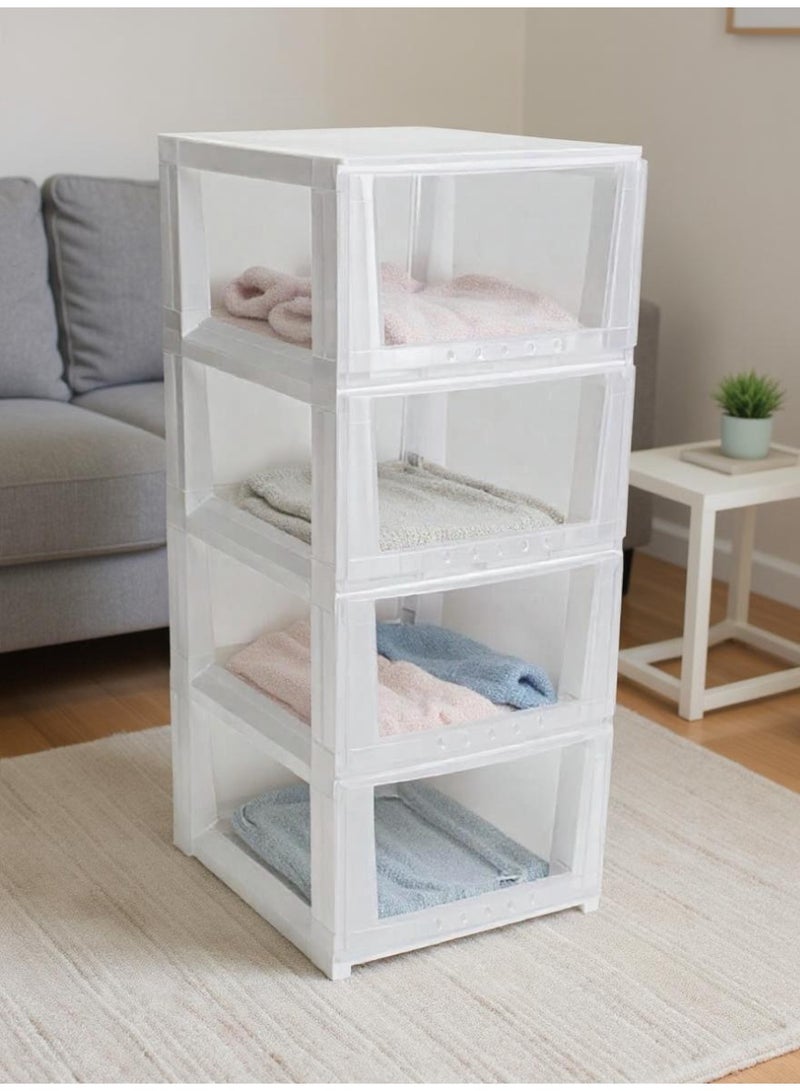 Chest of 4 Drawers Plastic, Easy to Install, High Quality, Big Size 42x84x34 cm, White/Clear