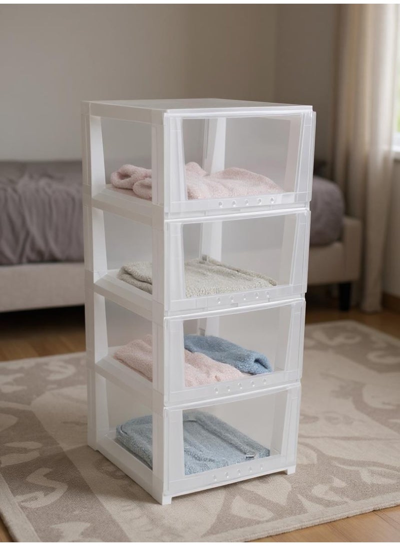 Chest of 4 Drawers Plastic, Easy to Install, High Quality, Big Size 42x84x34 cm, White/Clear