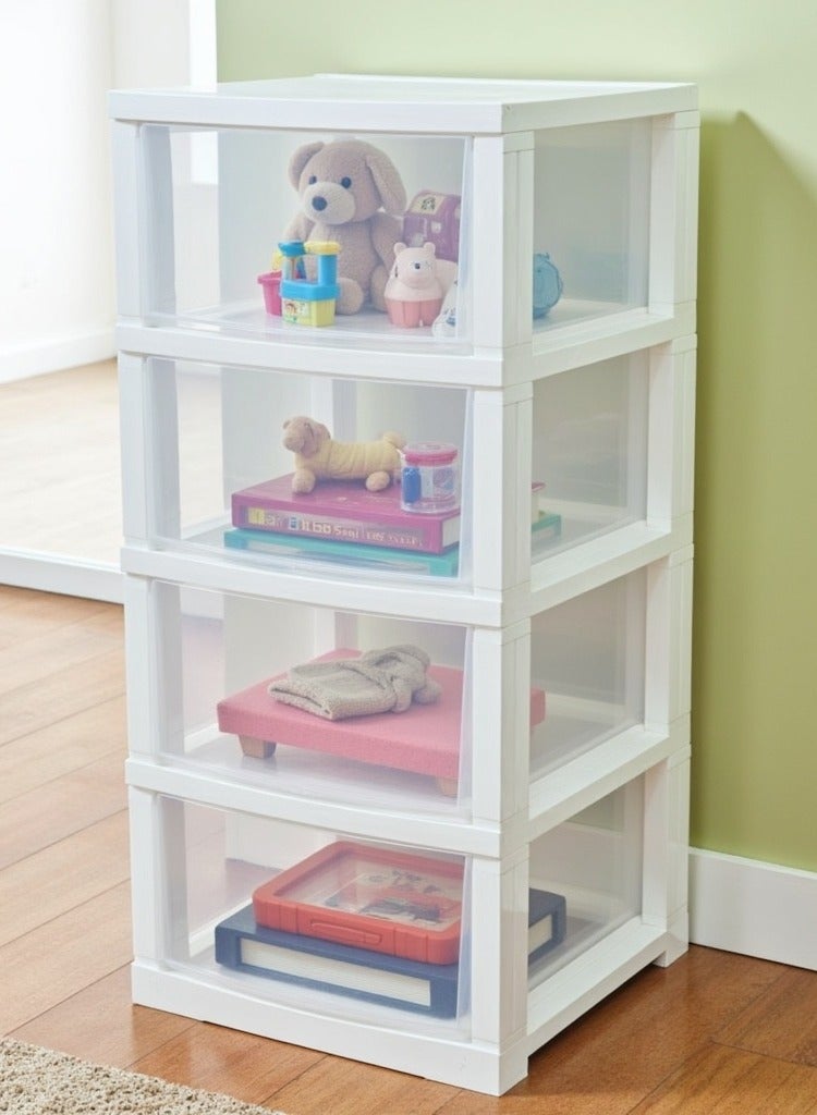 Chest of 4 Drawers Plastic, Easy to Install, High Quality, Big Size 42x84x34 cm, White/Clear