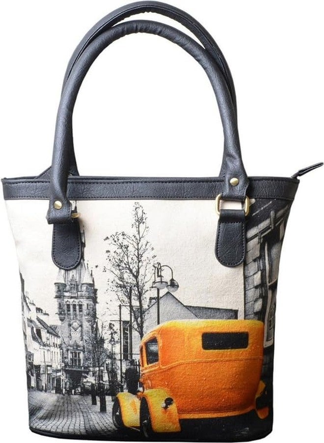 JAV Printed Canvas Tote Bag for Women | Black & Multicolor Graphic Handbag with Zip Closure & Dual Handles - Image 1