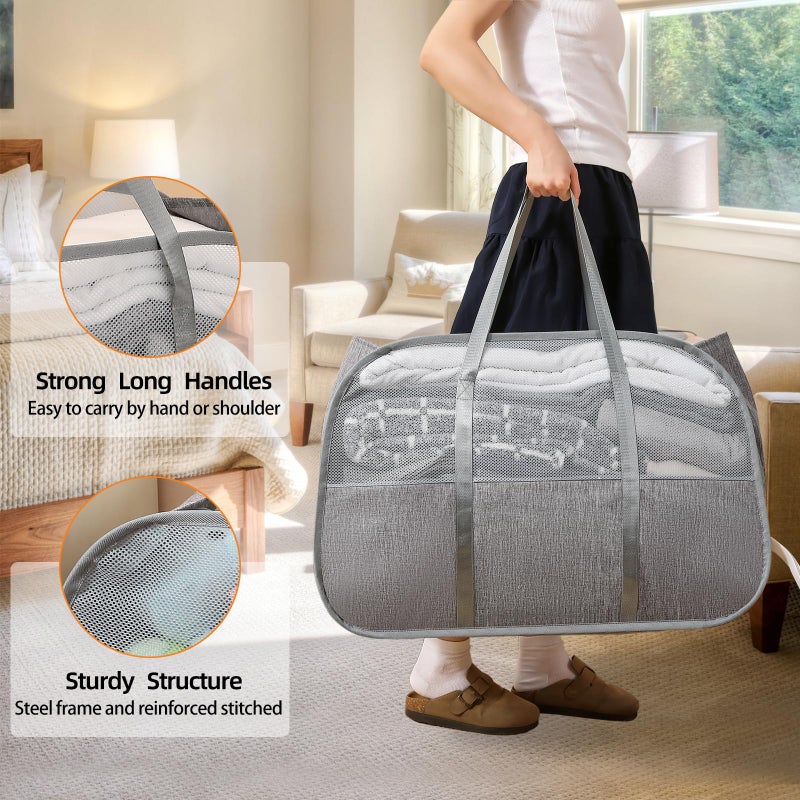 Bemkoo Collapsible Laundry Baskets with Easy Carry Handles, 95L Clothes Hamper for Storage, Foldable Laundry Basket Tear-proof, Large Pop Up Hampers for Laundry, Bedroom, Bathroom, Dorm Grey - Image 4