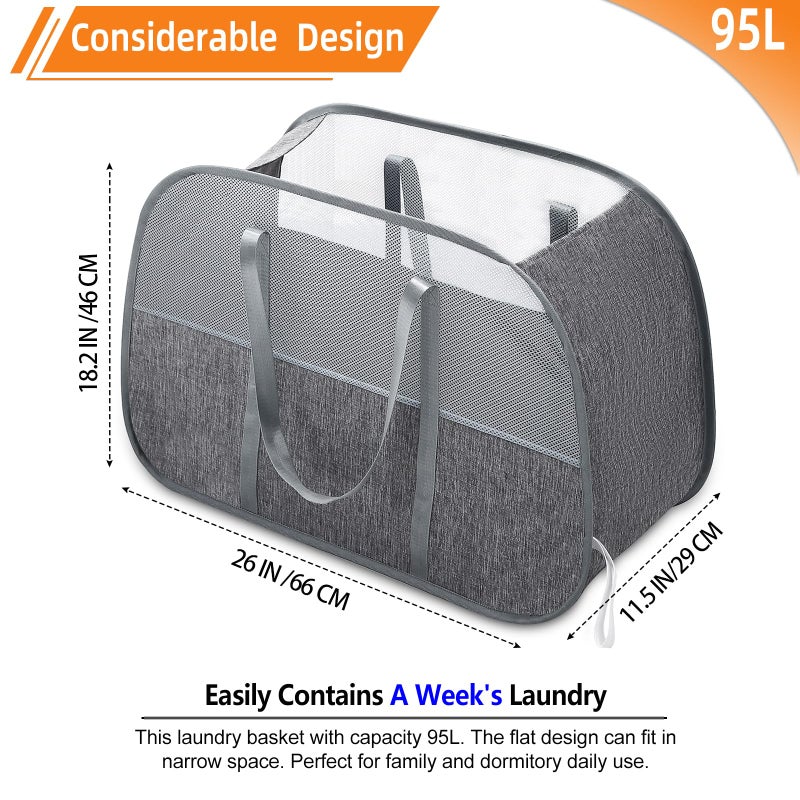 Bemkoo Collapsible Laundry Baskets with Easy Carry Handles, 95L Clothes Hamper for Storage, Foldable Laundry Basket Tear-proof, Large Pop Up Hampers for Laundry, Bedroom, Bathroom, Dorm Grey - Image 3