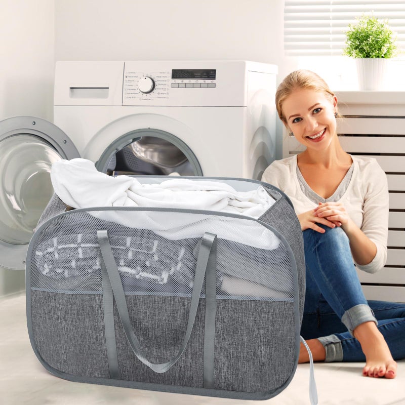 Bemkoo Collapsible Laundry Baskets with Easy Carry Handles, 95L Clothes Hamper for Storage, Foldable Laundry Basket Tear-proof, Large Pop Up Hampers for Laundry, Bedroom, Bathroom, Dorm Grey - Image 2
