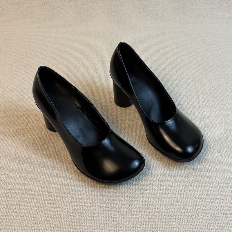 Women's Vintage French High Heels 7cm Chunky Heel Leather Pumps Slip-On Office Shoes - Image 1