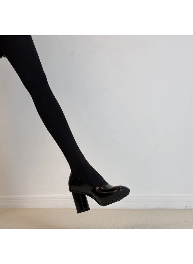 Women's Vintage French High Heels 7cm Chunky Heel Leather Pumps Slip-On Office Shoes - Image 5