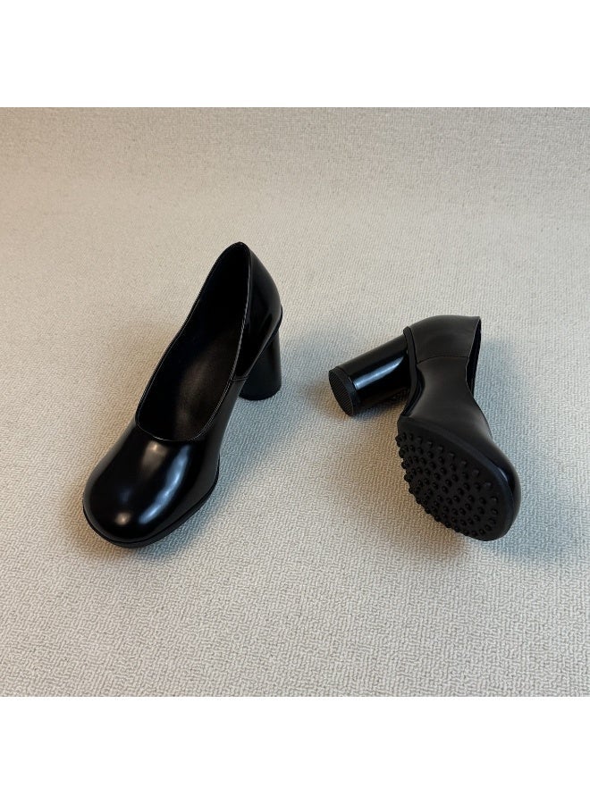 Women's Vintage French High Heels 7cm Chunky Heel Leather Pumps Slip-On Office Shoes - Image 2