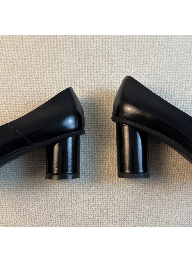 Women's Vintage French High Heels 7cm Chunky Heel Leather Pumps Slip-On Office Shoes - Image 4