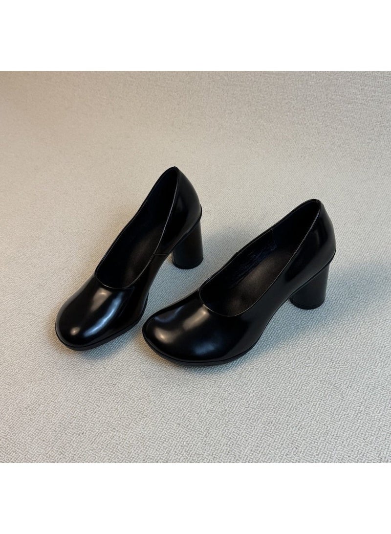 Women's Vintage French High Heels 7cm Chunky Heel Leather Pumps Slip-On Office Shoes - Image 3