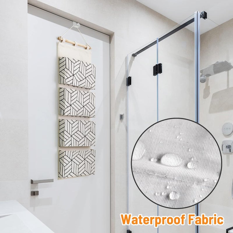 Crowned 2Pcs Over Door Hanging Storage Bags Wall Mount Closet Organizer, 4 Big Pockets Linen Cotton Fabric Living Room Bedroom Bathroom File Magazine Waterproof Free Hooks White - Image 4