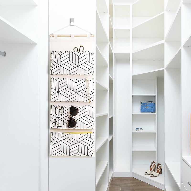 Crowned 2Pcs Over Door Hanging Storage Bags Wall Mount Closet Organizer, 4 Big Pockets Linen Cotton Fabric Living Room Bedroom Bathroom File Magazine Waterproof Free Hooks White - Image 2