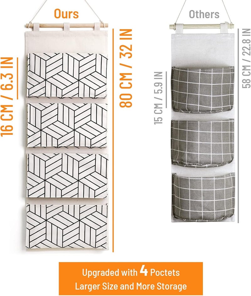 Crowned 2Pcs Over Door Hanging Storage Bags Wall Mount Closet Organizer, 4 Big Pockets Linen Cotton Fabric Living Room Bedroom Bathroom File Magazine Waterproof Free Hooks White - Image 3