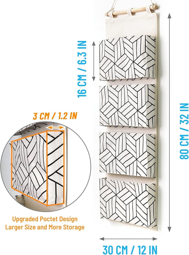 Crowned 2Pcs Over Door Hanging Storage Bags Wall Mount Closet Organizer, 4 Big Pockets Linen Cotton Fabric Living Room Bedroom Bathroom File Magazine Waterproof Free Hooks White - Image 5