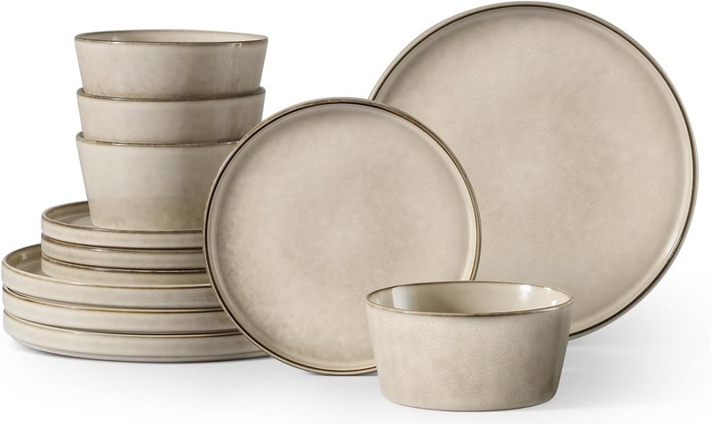 Herogo Stoneware Plates and Bowls Sets for 4 12 Pieces Modern Dinnerware Reactive Glaze Dishes Set for Kitchen Chip Resistant Microwave  Dishwasher Safe Cream Khaki - Image 1