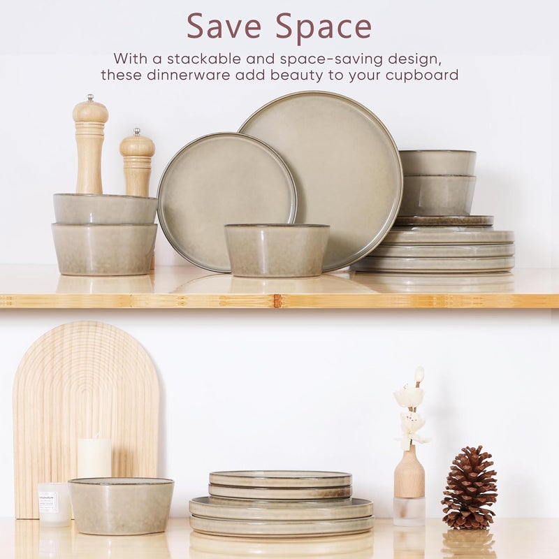 Herogo Stoneware Plates and Bowls Sets for 4 12 Pieces Modern Dinnerware Reactive Glaze Dishes Set for Kitchen Chip Resistant Microwave  Dishwasher Safe Cream Khaki - Image 4