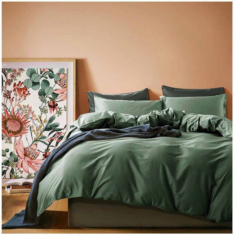 Eikei Solid Color Duvet Cover Luxury Bedding Set 400 Thread Count Egyptian Cotton Long Staple Sateen Weave Breathable Silky Soft Pima Premium Quality Bed Linen Queen Woodland Green