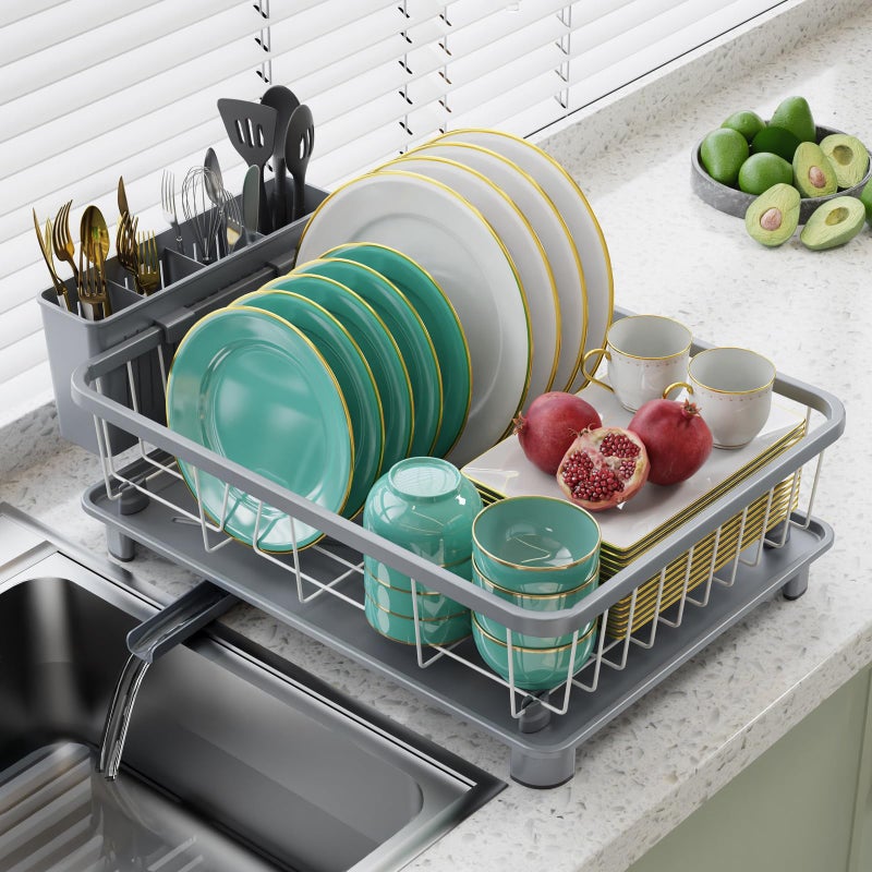 Hiviweer Dish Drying Rack  SpaceSaving Dish RackDish Racks for Kitchen Counter with Drainboard Rustproof Dish Drainer with a Removable 4Compartment Utensil HolderGray