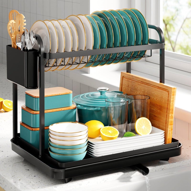 Sakugi 2-Tier Dish Drying Rack - Stainless Steel Dish Rack with Cutlery & Utensil Holders for Kitchen Counter, Sink Organization and Storage Essentials, Home Decor, 15" W x 11.4" L x 15" H, Black - Image 1