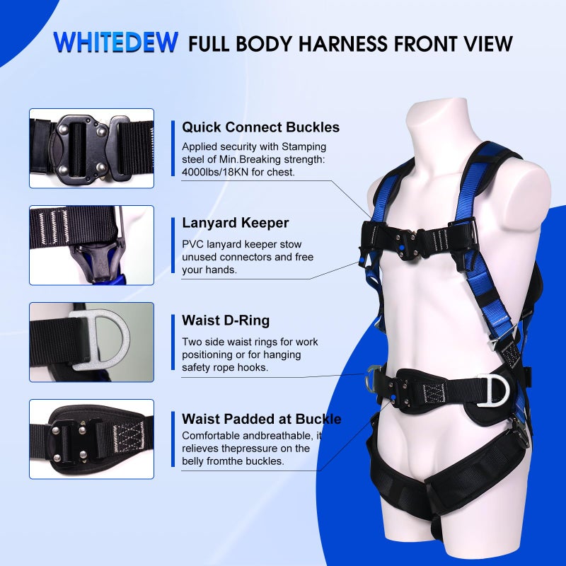 WHITEDEW Fall Protection Premium Safety Harness with Shock Absorbing Lanyard, Vented & Padded Shoulder, Legs & Back - Upgrade 4 Quick Buckles (Blue) - Image 2