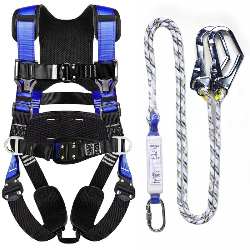 WHITEDEW Fall Protection Premium Safety Harness with Shock Absorbing Lanyard, Vented & Padded Shoulder, Legs & Back - Upgrade 4 Quick Buckles (Blue) - Image 1