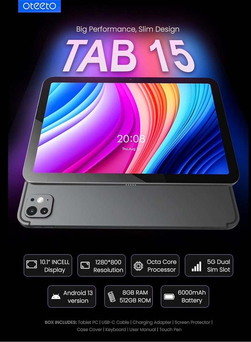 Oteeto TAB 15 Tablet/10.1 Inch/4G SIM/iOS Style Operating System/5G Dual SIM/Octa Core Processor/Included Flip Cover&Keyboard/8GB RAM + 512 GB ROM/Android 13/6000 mAh/8MP Front+13 MP Rear (Blue) - Image 3