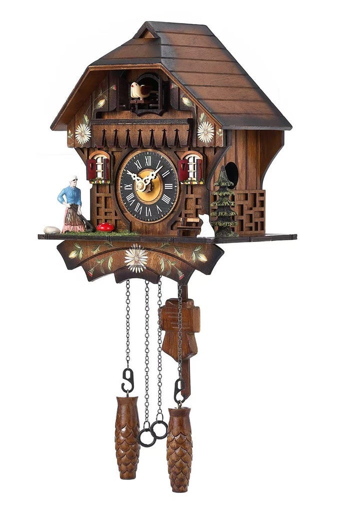 CUCKOO CLOCK TRADITIONAL BLACK FOREST HANDCRAFTED WOODEN QUARTZ WALL CLOCK WITH 12 MELODIES