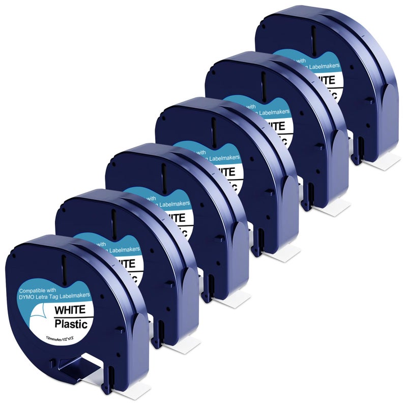 JOJOME 6-Pack 91331 Plastic White Label Tape Replacement for Dymo Letratag Refills 12mm x 4m 1/2 Inch x 13 Feet Work with DYMO LetraTag LT-100H LT-100T QX50 Label Makers - Image 1
