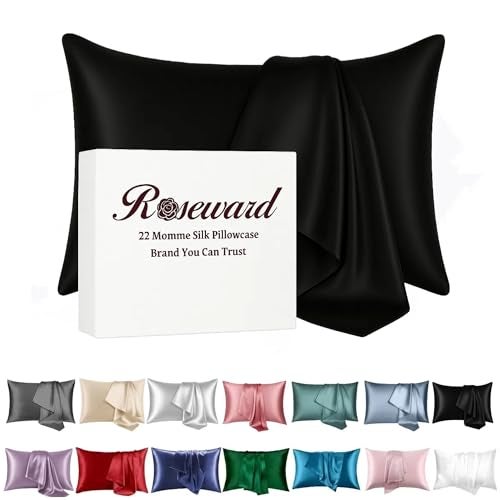 ROSEWARD Hypoallergenic Pillow Case Made in USA, Premium Black Silk Pillow Cases, 6A Grade 22 Momme Pure Silk Pillowcase, Zipper Closure, Machine Washable, 1 Pc 20"x30" (Queen, Black) - Image 1