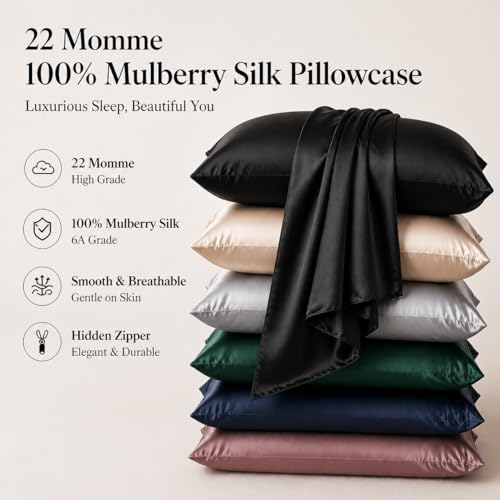 ROSEWARD Hypoallergenic Pillow Case Made in USA, Premium Black Silk Pillow Cases, 6A Grade 22 Momme Pure Silk Pillowcase, Zipper Closure, Machine Washable, 1 Pc 20"x30" (Queen, Black) - Image 2
