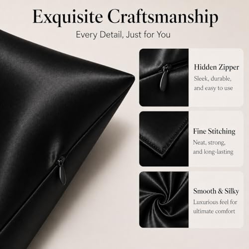 ROSEWARD Hypoallergenic Pillow Case Made in USA, Premium Black Silk Pillow Cases, 6A Grade 22 Momme Pure Silk Pillowcase, Zipper Closure, Machine Washable, 1 Pc 20"x30" (Queen, Black) - Image 4