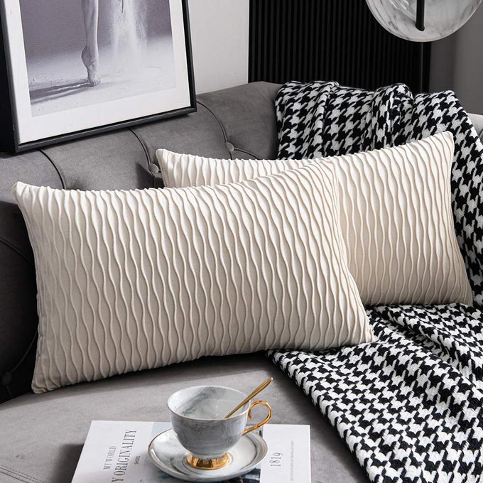 IVORY WHITE COUCH PILLOW COVERS 2 PACK 12X20 INCH ORIGINAL STRIPED VELVET RECTANGULAR THROW PILLOW CASES FOR FARMHOUSE HOME DECOR
