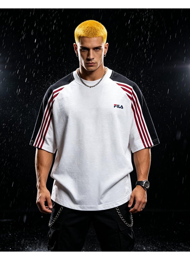 FILA shoulder-thrust three-bar contrast color short-sleeved T-shirt for men and women loose retro couple half sleeve shirt - Image 4
