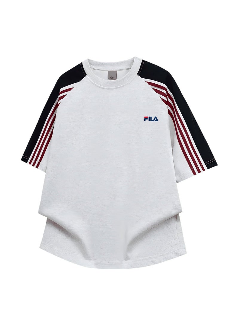FILA shoulder-thrust three-bar contrast color short-sleeved T-shirt for men and women loose retro couple half sleeve shirt - Image 3
