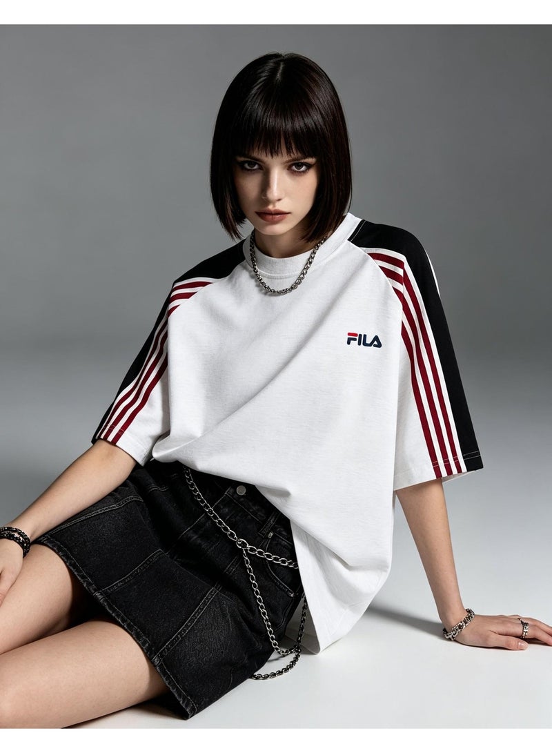 FILA shoulder-thrust three-bar contrast color short-sleeved T-shirt for men and women loose retro couple half sleeve shirt - Image 2