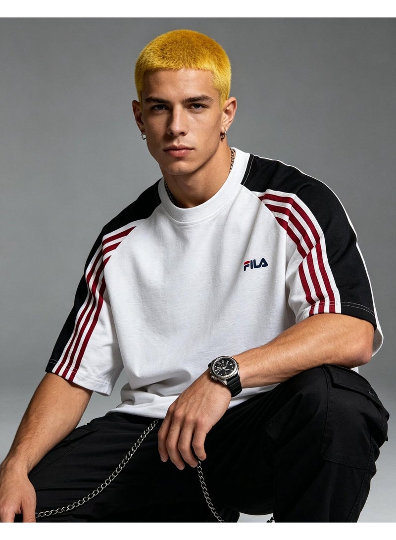 FILA shoulder-thrust three-bar contrast color short-sleeved T-shirt for men and women loose retro couple half sleeve shirt - Image 5
