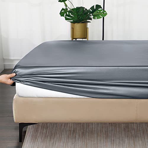 Ersmak Satin Fitted Sheet Only, Luxury Silky Twin Fitted Sheet Ultra Soft Deep Pocket Bottom Sheet, Wrinkle & Fade Resistant - Silver Grey - Image 3