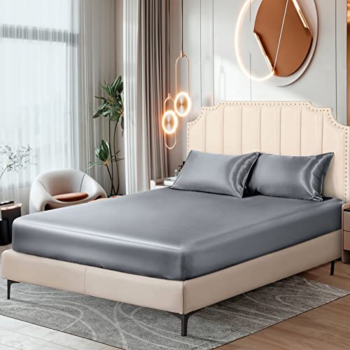 Ersmak Satin Fitted Sheet Only, Luxury Silky Twin Fitted Sheet Ultra Soft Deep Pocket Bottom Sheet, Wrinkle & Fade Resistant - Silver Grey - Image 1