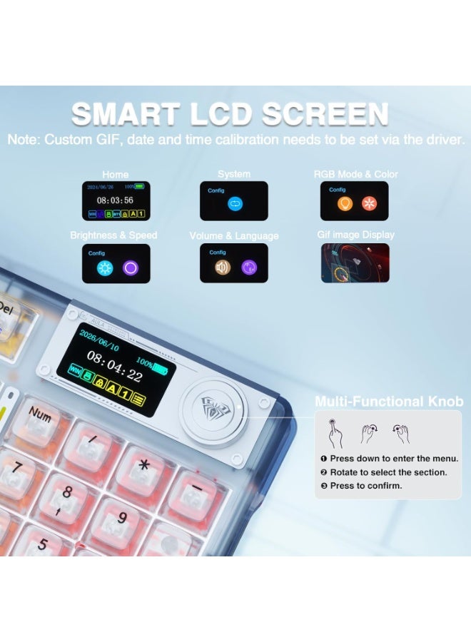 AULA F98 Pro V3 Wireless Mechanical Gaming Keyboard with Crystal Switch 1.14" TFT Smart Screen Tri-Mode Bluetooth / 2.4GHz / USB-C Hot Swappable Gasket Mount RGB Backlit Custom Keyboard with Five-Layer Sound Dampening for PC Mac - Image 5