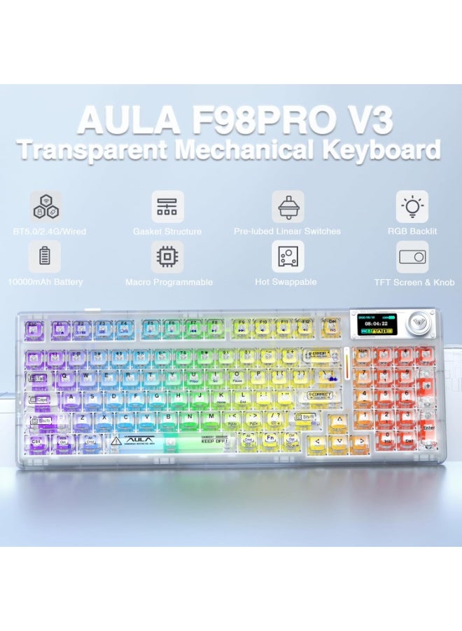 AULA F98 Pro V3 Wireless Mechanical Gaming Keyboard with Crystal Switch 1.14" TFT Smart Screen Tri-Mode Bluetooth / 2.4GHz / USB-C Hot Swappable Gasket Mount RGB Backlit Custom Keyboard with Five-Layer Sound Dampening for PC Mac - Image 2