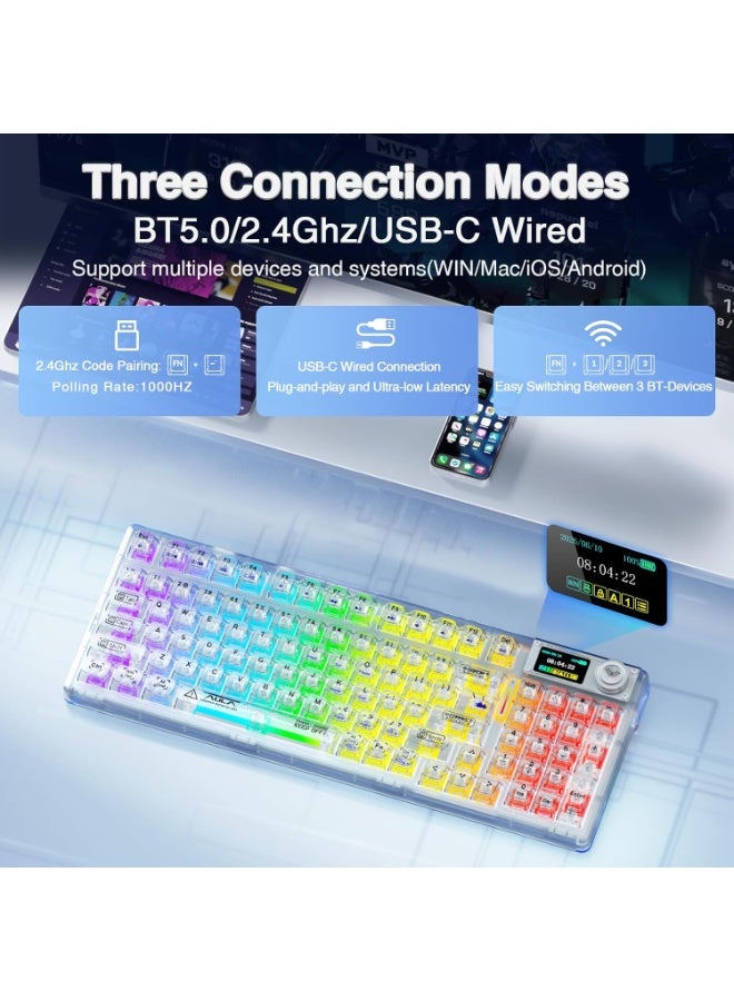 AULA F98 Pro V3 Wireless Mechanical Gaming Keyboard with Crystal Switch 1.14" TFT Smart Screen Tri-Mode Bluetooth / 2.4GHz / USB-C Hot Swappable Gasket Mount RGB Backlit Custom Keyboard with Five-Layer Sound Dampening for PC Mac - Image 3